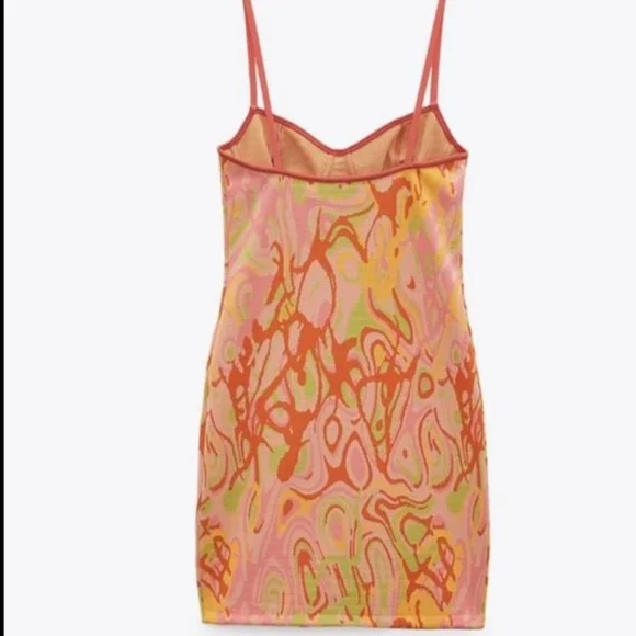 ZARA Pink Orange Abstract Slip Mini Dress Y2K Psychedelic Bodycon Festival - M - Picture 4 of 12